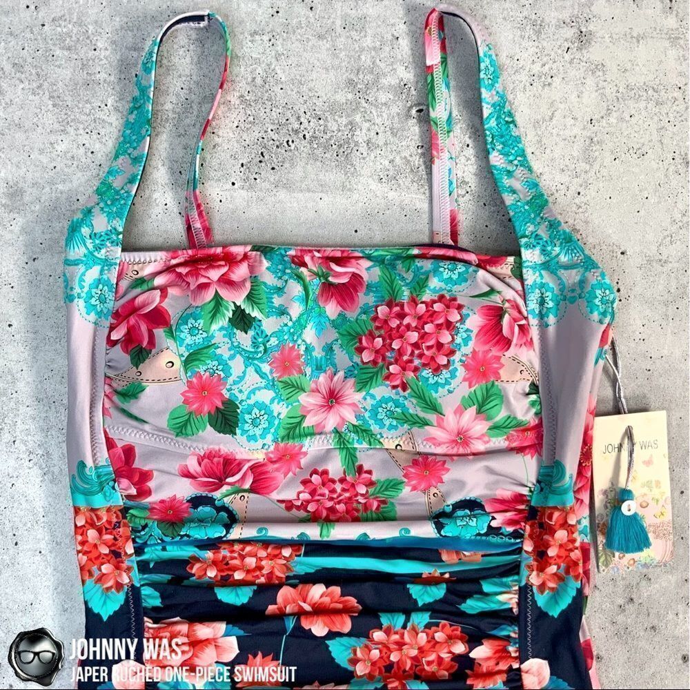 JOHNNY WAS JAPER RUCHED ONE PIECE SWIMSUIT IN FLORAL BLUE RED SMALL, LARGE NEW - Picture 9 of 16